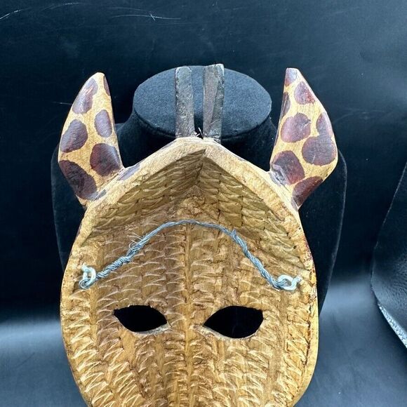 Vintage Giraffe Mask Hand Carved Wood Painted African Wall Decor Art Brown - Picture 8 of 16